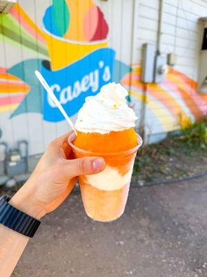 Medium snow cone with pumpkin syrup (seasonal flavor), cheesecake stuffing, and whipped cream ($9.25 for regular or $10.00 for sugar free)