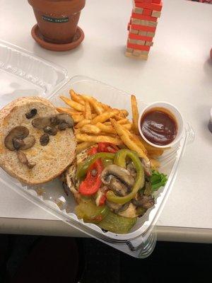 Grill chicken sandwich with add-ons. (Mushrooms and bell peppers)