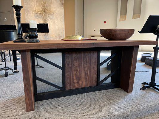 Custom design and made blonde walnut 
 & burnt oak tables for Woodinville church