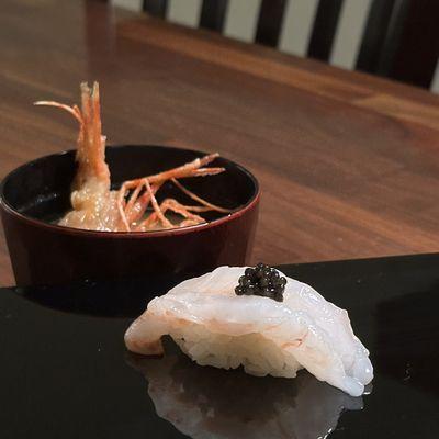 Santa Barbara Sweet Shrimp with Deep Fried Shrimp Head Miso Soup