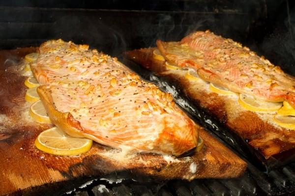 Salmon cooked on a cedar plank...