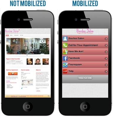 Comparing the standard website on a mobile device and our mobile website for Bavilon Salon.