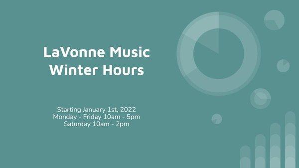 LaVonne Music will be switching to Winter Hours starting Jan. 2022.
Mon - Fri 10am - 5pm
Sat 10am - 2pm