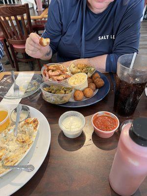 Pick 3, crab balls, steamed shrimp and scallops. Best potato salad