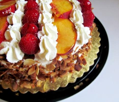 Peach Melba Whipped Cream Cake with Almonds