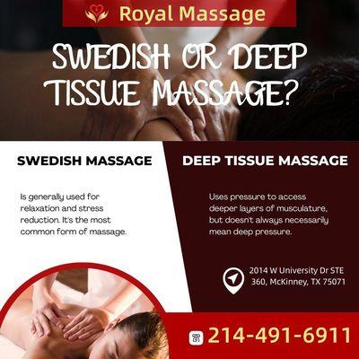 SWEDISH OR DEEP TISSUE MASSAGE? The Choice is Yours at Royal Massage!