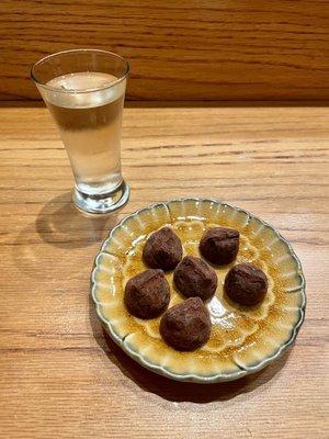 White peach sake and truffles