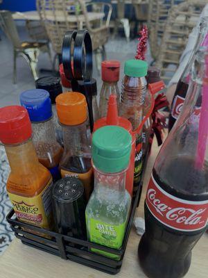 All the hot spicy sauces on the table