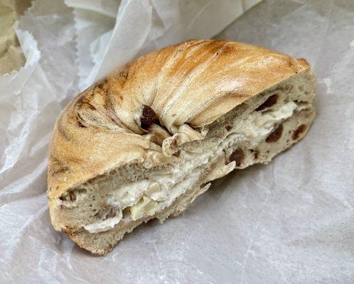 Cinnamon raisin bagel with walnut cream cheese