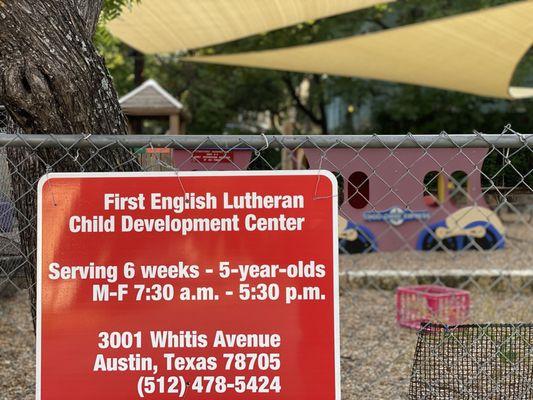 Playground at First English Lutheran child development center centrally located near the UT campus.