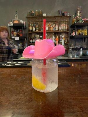 EVERY DRINK COMES WITH THIS COWBOY HAT CUP! EVERY DRINK! DID YOU HEAR ME? OKAY