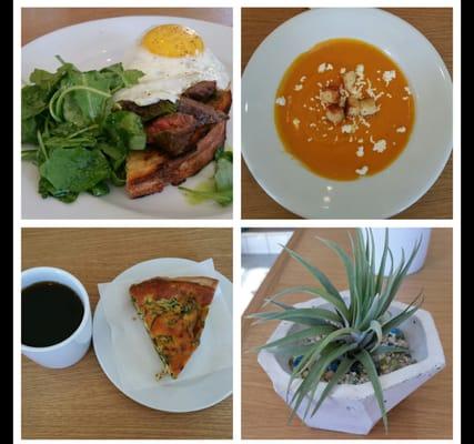 The steak and eggs, butternut squash with sweet potatoes soup and quiche :) only served here. Delicious.