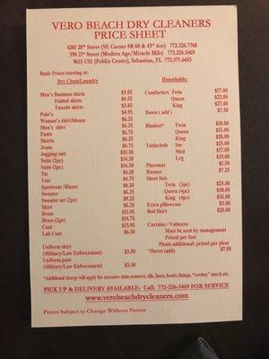 Price sheet