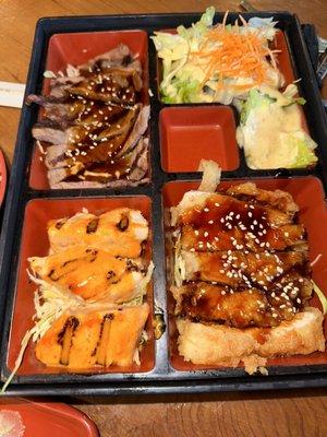 3 item binto: BBQ albacore, teriyaki chicken, teriyaki beef