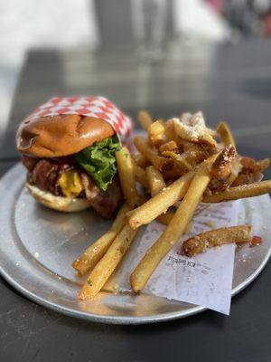 Cowboy burger with Basket of Parmesan Garlic Fries