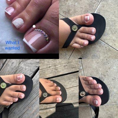 What I asked for on the top left and what I got thick French tip on the middle of my toe nail didn't even paint the tips.