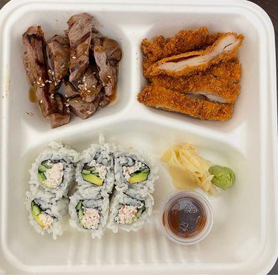 Beef teriyaki, chicken Katsura and California roll.