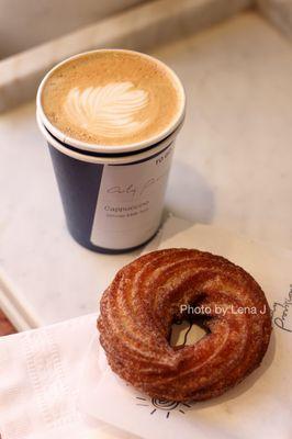 Cinnamon Cruller ($4.95) and 6 oz Cappuccino ($4.75)