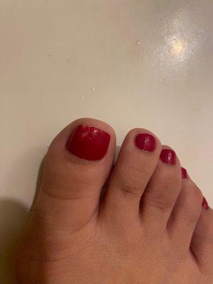 Had pedi done a couple hours before and noticed it was smudged. Felt polish was "thinned" out but liked the color so went with it