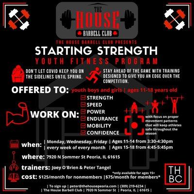 Starting Strength Youth Fitness Program
 
  Now offered as a monthly subscription 
 
  Join us EVERY Monday, Wednesday, and Friday every we