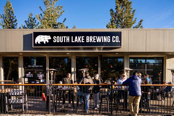 Front patio with outdoor seating at South Lake Brewing Company.