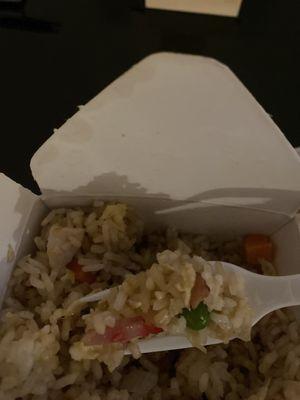 Half Cooked Rice with slivers of chicken shrimp and pork  Combination Fried Rice