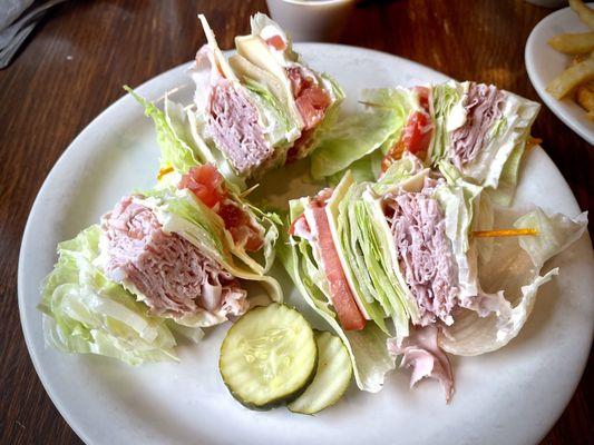 Ham n' Cheese Club (without bread) on lettuce!  A healthier choice and quite delicious