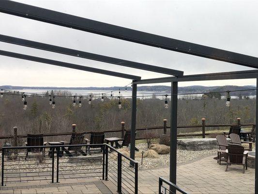 View from our table inside of patio and lake.  In a couple of months in May we'll have a beer on the patio when they open it