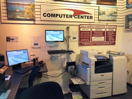 Self-Service Computer Center, Copiers, prints, internet use, and self-service printing services.