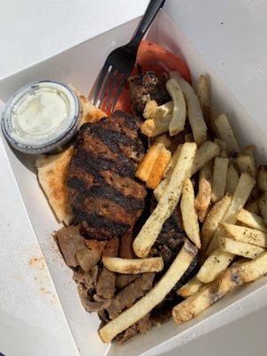 Three 3 Piece Souvlaki Plate with bifteki, gyro, and pork