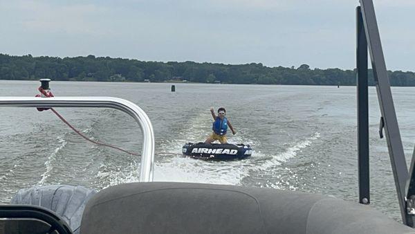 He didn't want to stop tubing! We loved boating on the lake!! Highly recommended