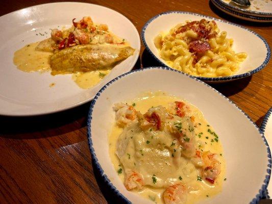 Lobster stuffed flounder, Lobster Mac and Cheese, langostino Mashed Potatoes