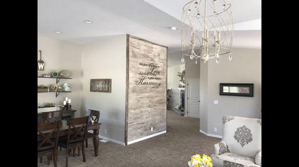 Faux wood wall install with hand painted lettering