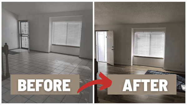 Before and after wood floor installation in Denver, Colorado.