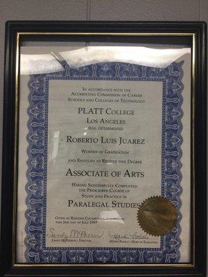 Robert's Paralegal Certificate, Platt College of Los Angeles.