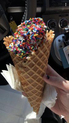 Chocolate and Vanilla Swirl in Waffle cone with Rainbow sprinkles!!! Delicious and affordable!!!