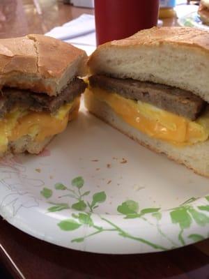 Delicious egg, cheese, & sausage on a bun.