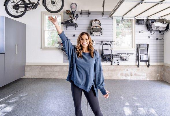 Garage cabinets, garage flooring, garage storage and handball.