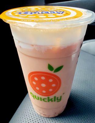 Watermelon milk tea with milk foam and lychee coconut jellies - Not my fave flavor but I still love Quickly Boba.