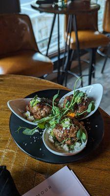 The Lamb Boulette.  Don't call me a meatball..  Momma's Greek Kitchen meets the English countryside (sweet pea reduction ftw)