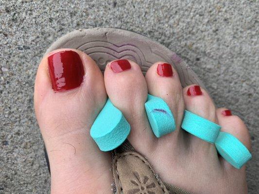 Judge for yourself. Is this a professional pedicure? What kind of a shape is that in the big toe nail??? Won't be back.