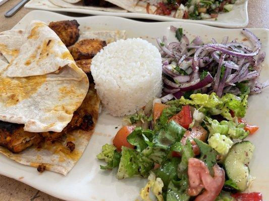 Chicken Kabob onion salad seasonal salad