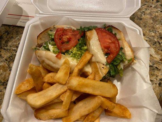 Cheese steak sub with fries