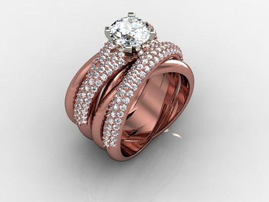 Custom Designed and Manufactured Rose Gold Crossover Engagement Ring by Diamonds by De Simone.