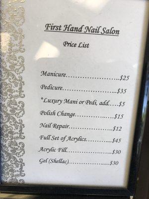 Menu of Our Services. I offer manicures ($25.), gel manicures ($30.) & pedicures ($35.).