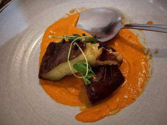 Wood Oven Japanese Sweet Potato & CA Romesco at Camino Alto in San Francisco.