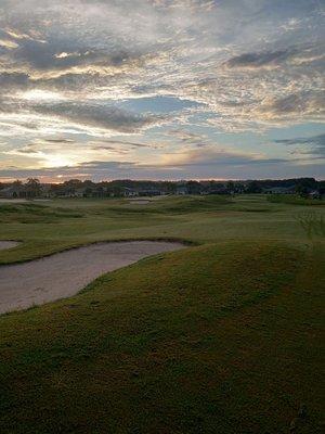 Sunrise on Hole 8 looking back towards the 7th green and 8th tee.