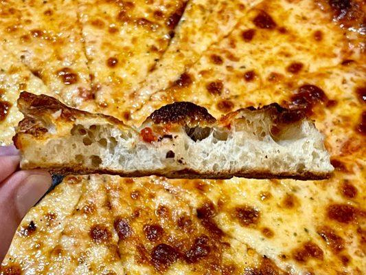 Large cheese pizza large open crumb and crust crunchy, pillowy and chewy