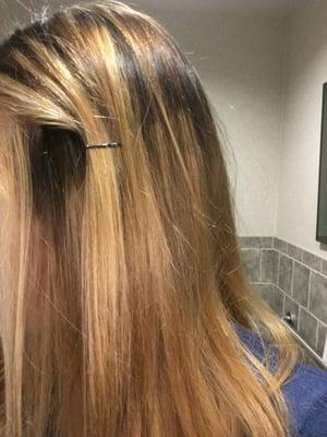 More terrible coloring as well as the appearance of brassiness because the woman didn't leave the toner in long enough.