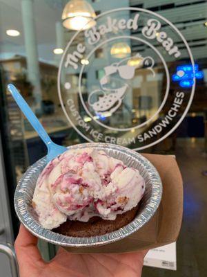 Warm brownie bowl with blackberry swirl ice cream. SO good!